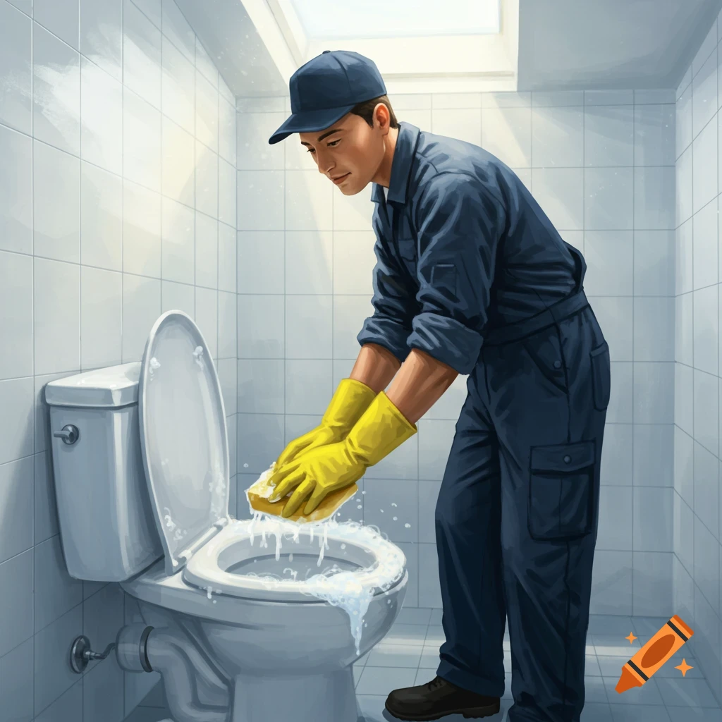 A man in a blue uniform and yellow gloves cleans a white toilet with a sponge in a tiled bathroom.