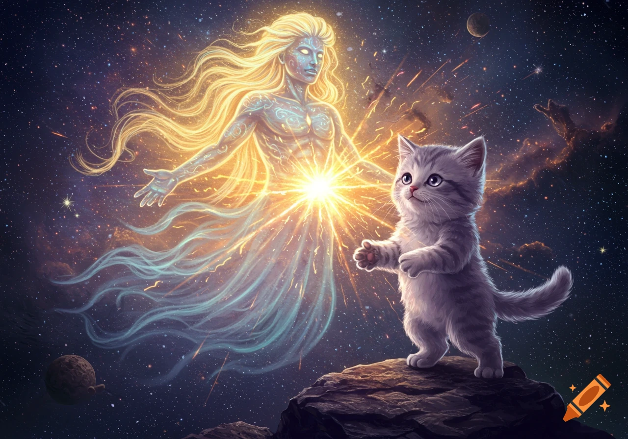 A glowing cosmic being with long golden hair extends arms toward a small, curious kitten standing on a rock in space.