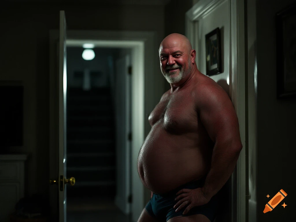 A bald, bearded man with a large belly, wearing boxer shorts, smiles in a dimly lit doorway. Photorealistic style.