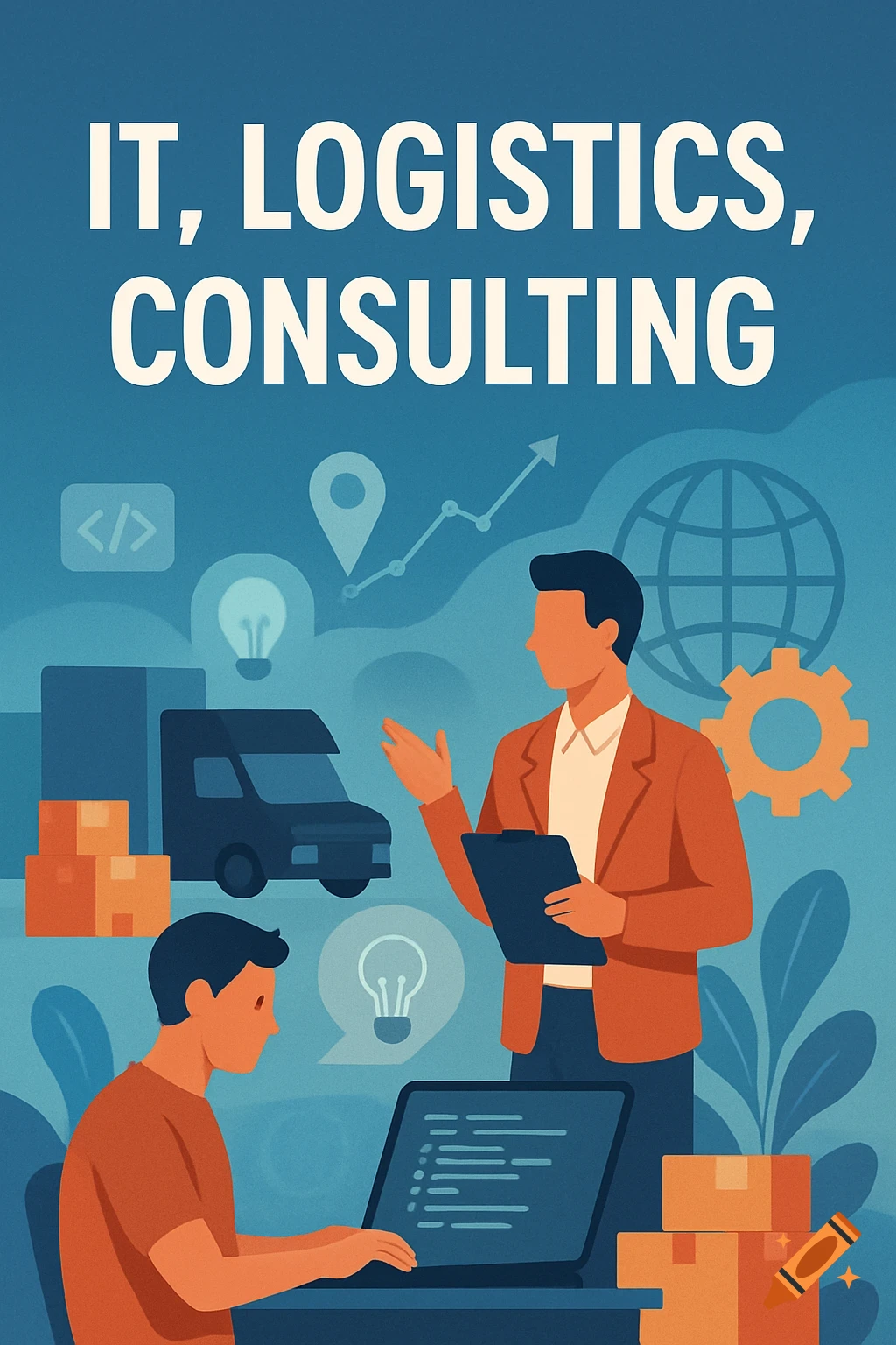 Stylized illustration of a business scene with IT, Logistics, and Consulting text, showing two men, a truck, and various industry icons.