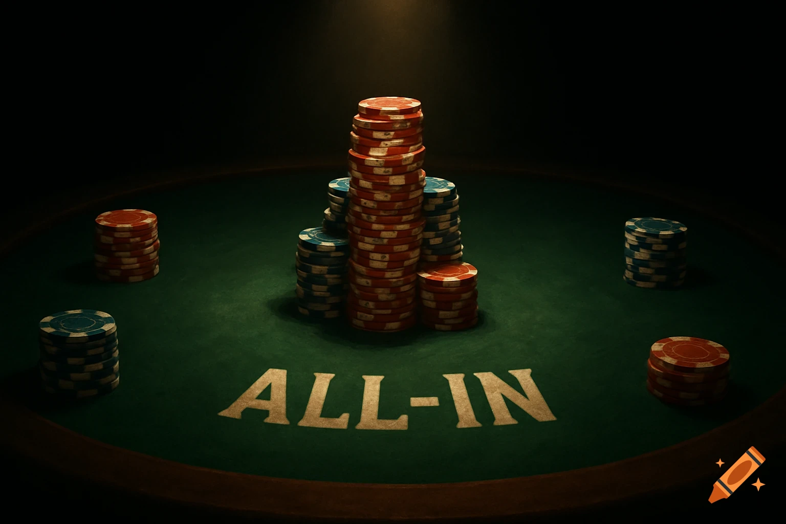 A dramatic shot of a green poker table with various stacks of red and blue chips, a large central pile, and 'ALL-IN' text under a spotlight.