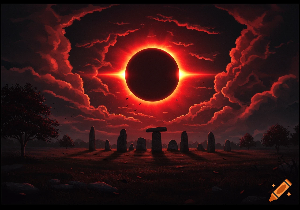 A dramatic red solar eclipse over a mysterious stone circle in a dark, ominous landscape.