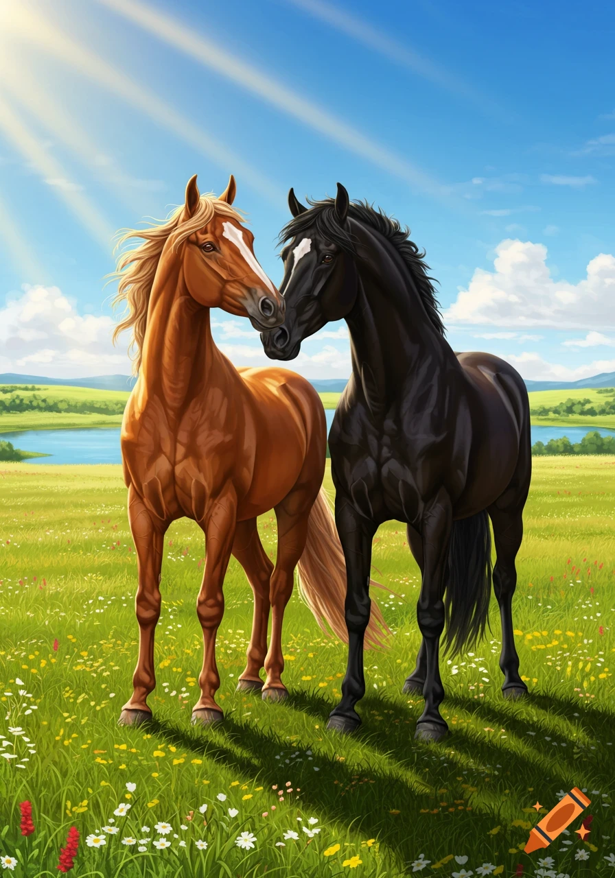 A brown and a black horse standing nose-to-nose in a sunny green meadow with wildflowers and a lake in the background.