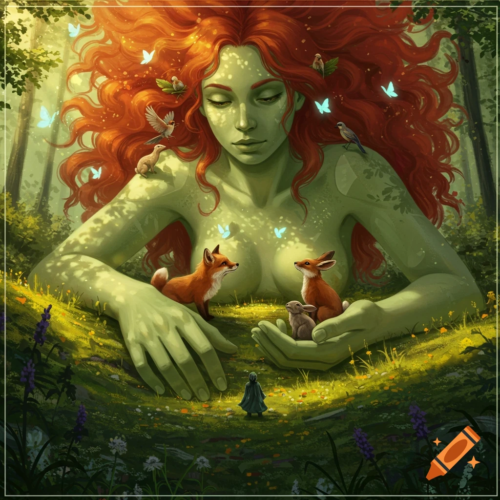 A giant green-skinned woman with red hair lies in a lush forest, surrounded by foxes, birds, and a rabbit she gently holds. A small human stands nearby.