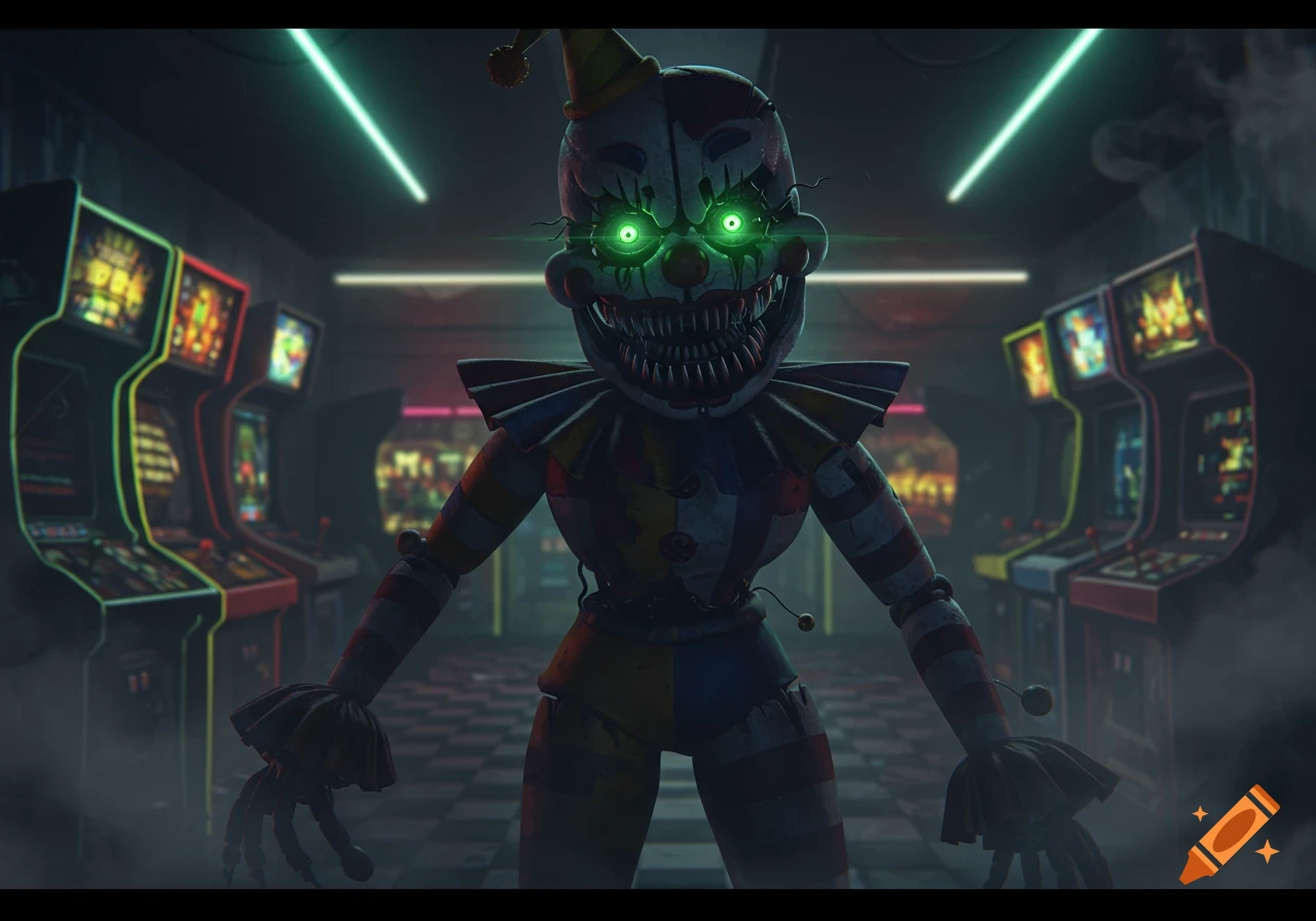 A scary animatronic clown with glowing green eyes and sharp teeth stands menacingly in a dark arcade.