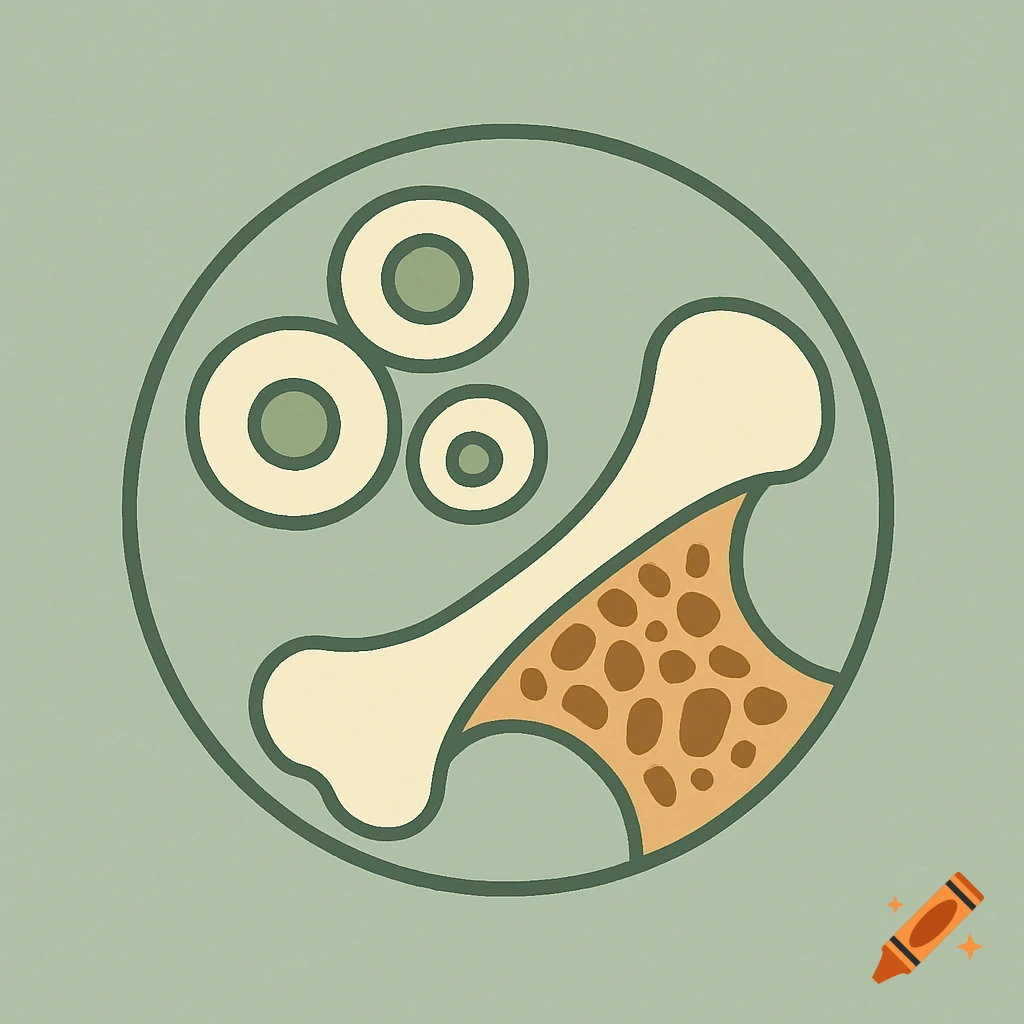 A flat, stylized logo depicting stem cells and a cross-section of bone tissue within a circle, on a solid green background.