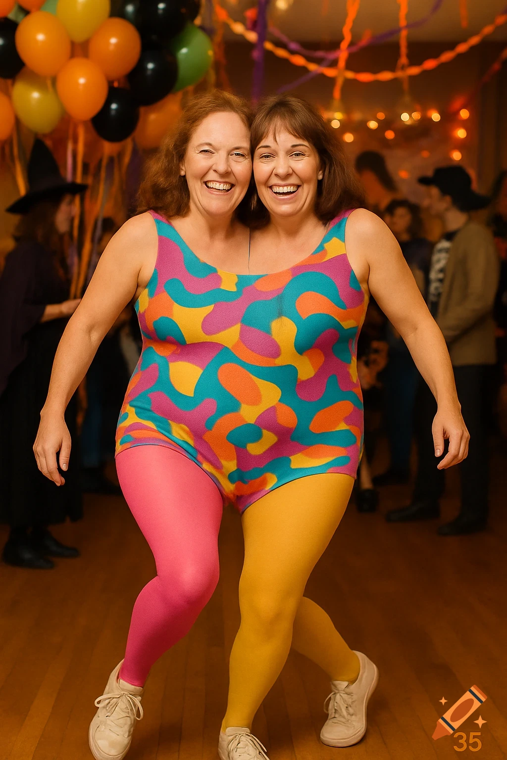 Two smiling women in a colorful, merged leotard costume at a lively Halloween party, creating a two-headed illusion.