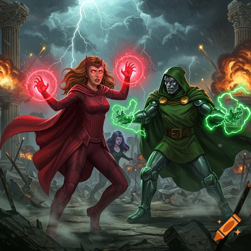 Scarlet Witch and Dr. Doom battle with magic in a ruined city under a stormy sky, with lightning and explosions.