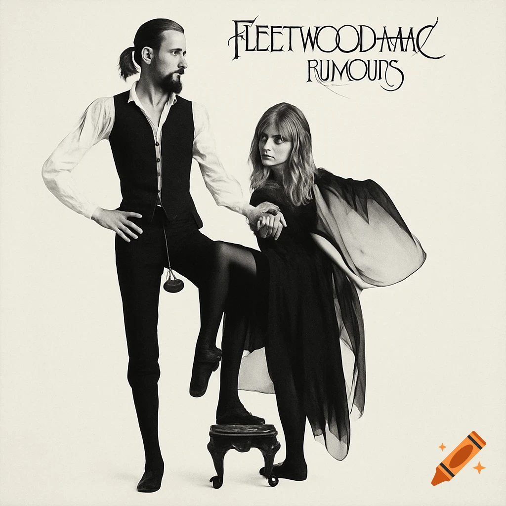 Vintage black and white photograph of a man in a vest and a woman in a flowing dress, posing with text 'Fleetwood Mac Rumours'.