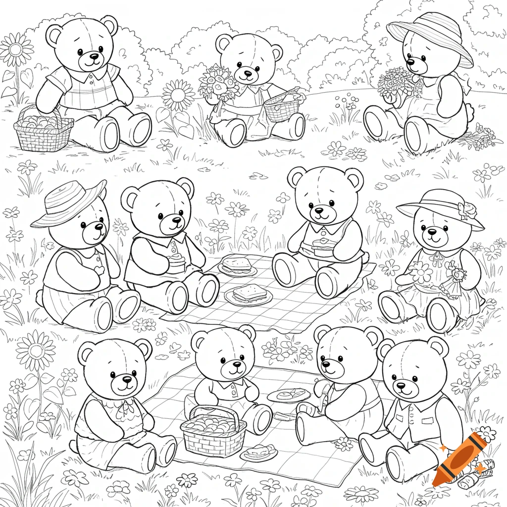 A detailed black and white sketch of multiple cute teddy bears enjoying a picnic in a grassy field with flowers and trees, suitable for coloring.