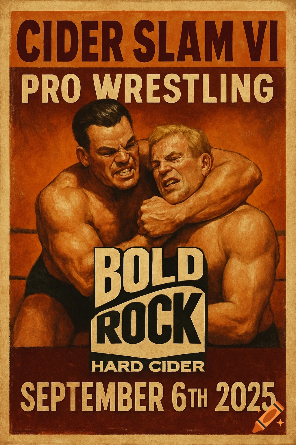 A vintage-style wrestling poster depicts two muscular men grappling in a ring, advertising 'CIDER SLAM VI PRO WRESTLING' sponsored by 'BOLD ROCK HARD CIDER' on 'SEPTEMBER 6TH 2025'.