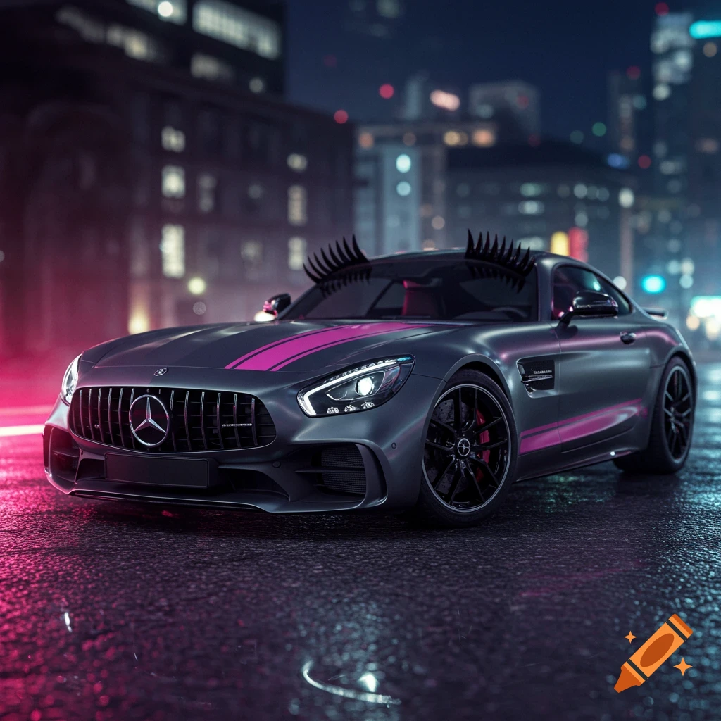 A gray Mercedes-AMG GT with pink racing stripes and eyelashes on the headlights, parked on a wet city street at night.