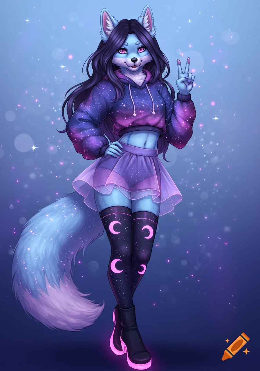 An anthropomorphic fox-wolf hybrid with pastel blue fur and dark purple hair, wearing a galaxy hoodie, purple skirt, and moon-patterned thigh-highs, making a peace sign against a starry blue-purple background.