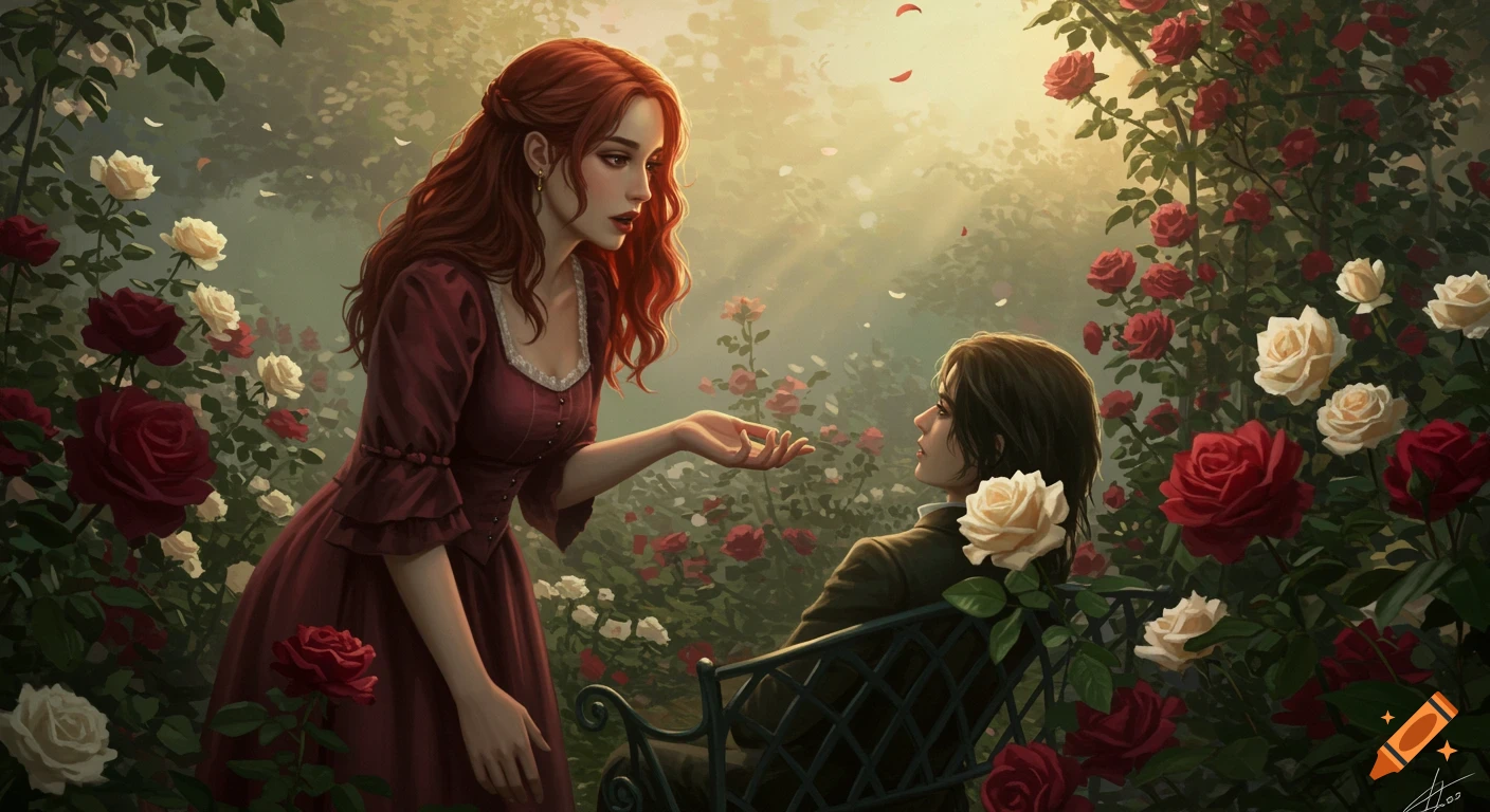 A red-haired woman in a rose garden extends her hand to a person on a bench in a dreamlike, hazy illustration.