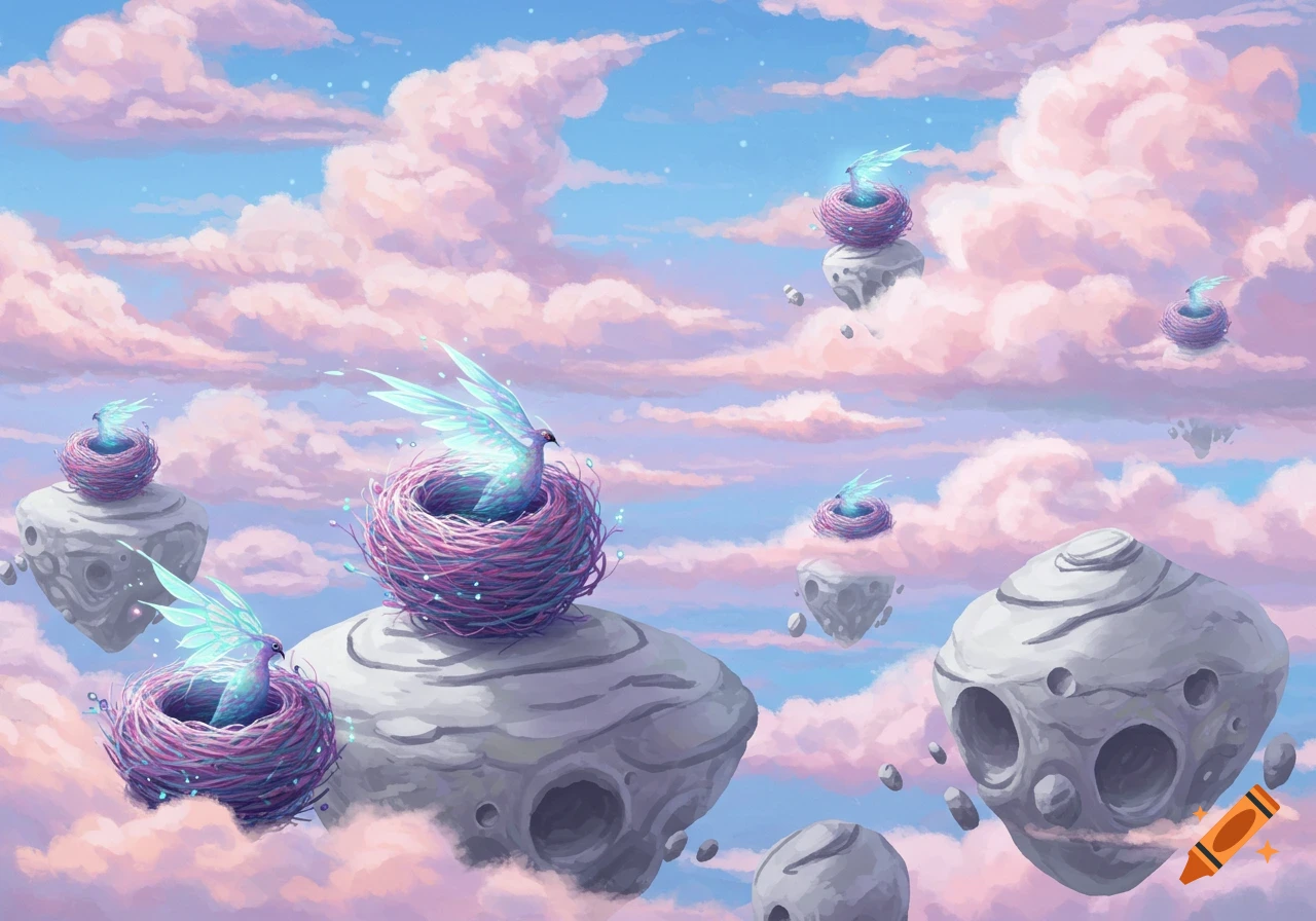Fantastical illustration of glowing birds in nests on floating rocks amidst pink and blue clouds in a sky dimension.