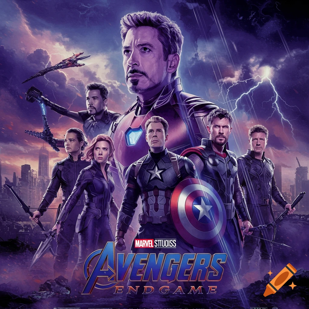 An Avengers Endgame movie poster featuring Iron Man, Captain America, Thor, Black Widow, Hawkeye, and War Machine with the title "AVENGERS ENDGAME" and "MARVEL STUOIISS" text.