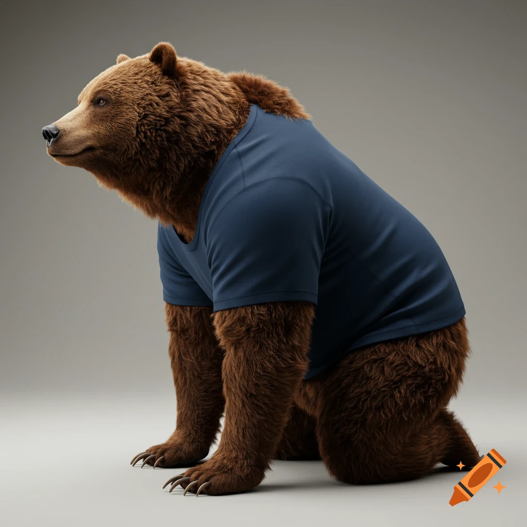 A large brown grizzly bear wearing a dark blue t-shirt, kneeling on a plain background, viewed from the side.