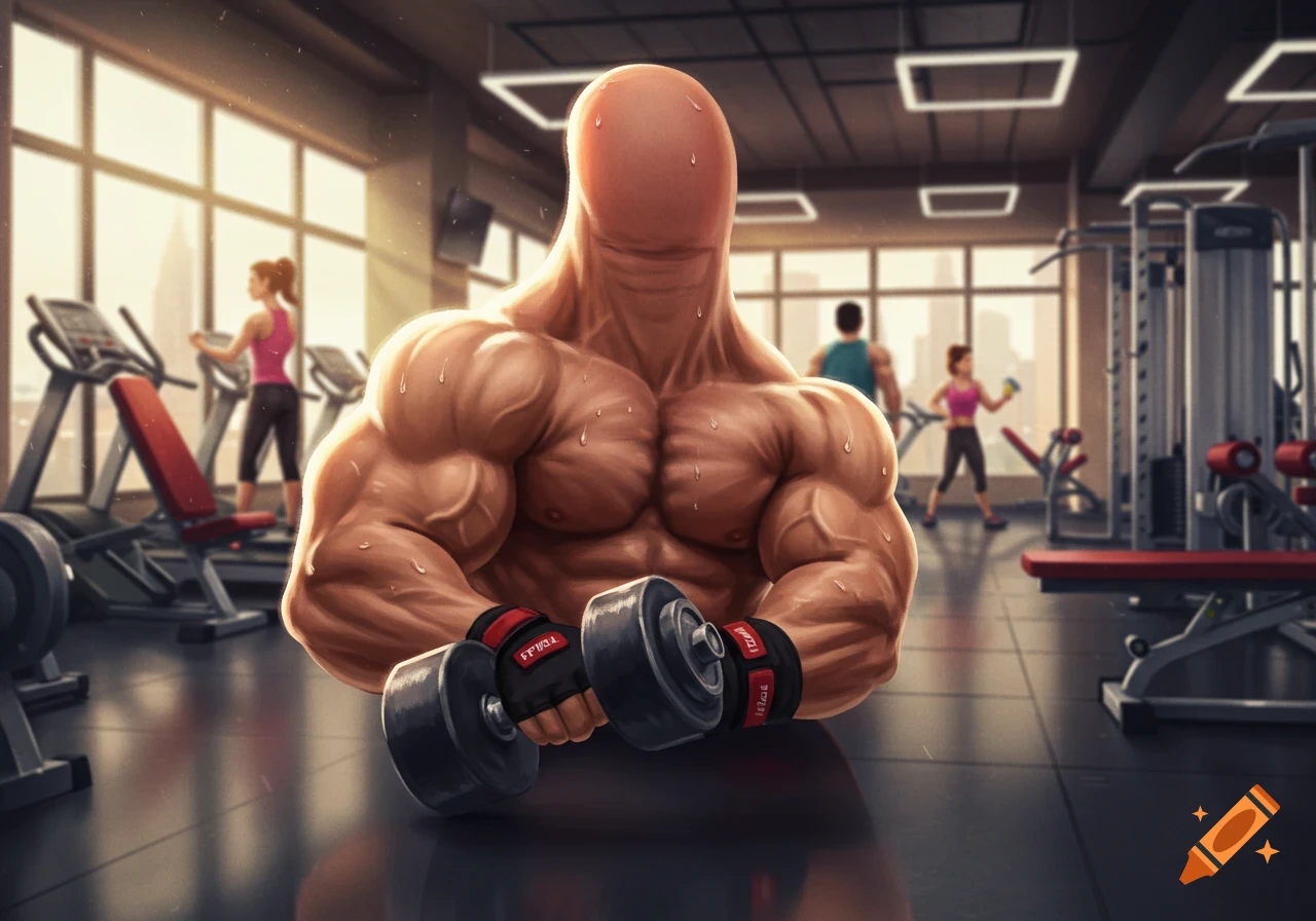 A muscular, thumb-headed figure holds a dumbbell in a cartoon-style gym setting.