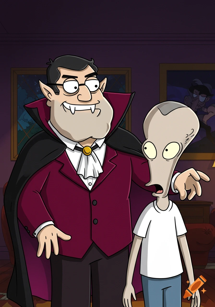 Stan Smith dressed as a vampire scares Roger Smith in the animated style of American Dad.