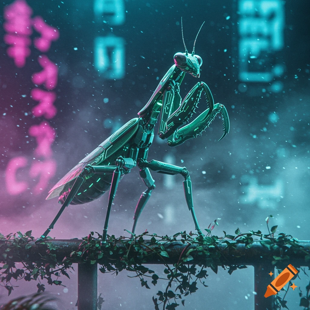 A photorealistic robotic praying mantis stands on a vine-covered railing in a dark, rainy, neon-lit cyberpunk city.