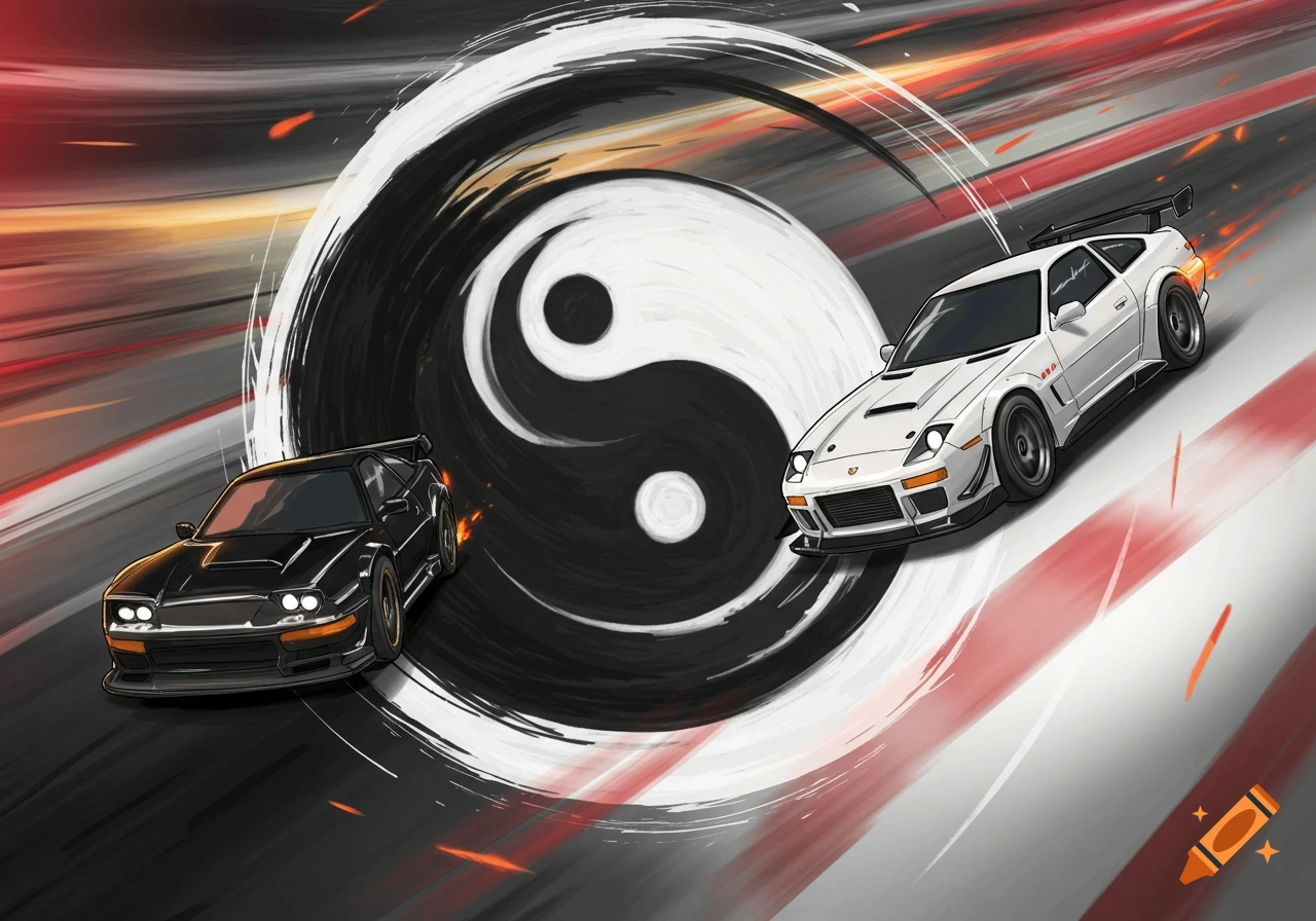 Two stylized racing cars, one black and one white, speeding past a large yin-yang symbol with dynamic red and white streaks.