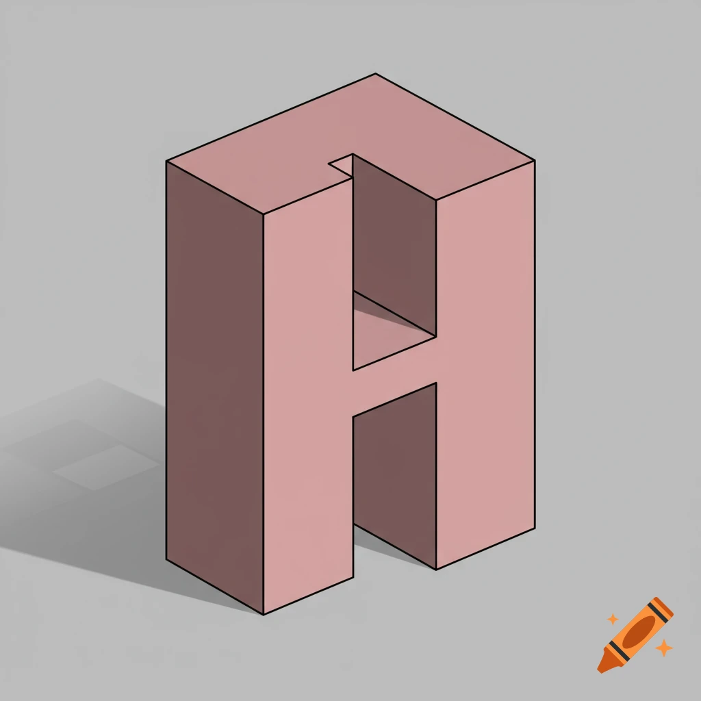 An isometric 3D render of the letter H in light pink, casting a shadow on a light gray background.