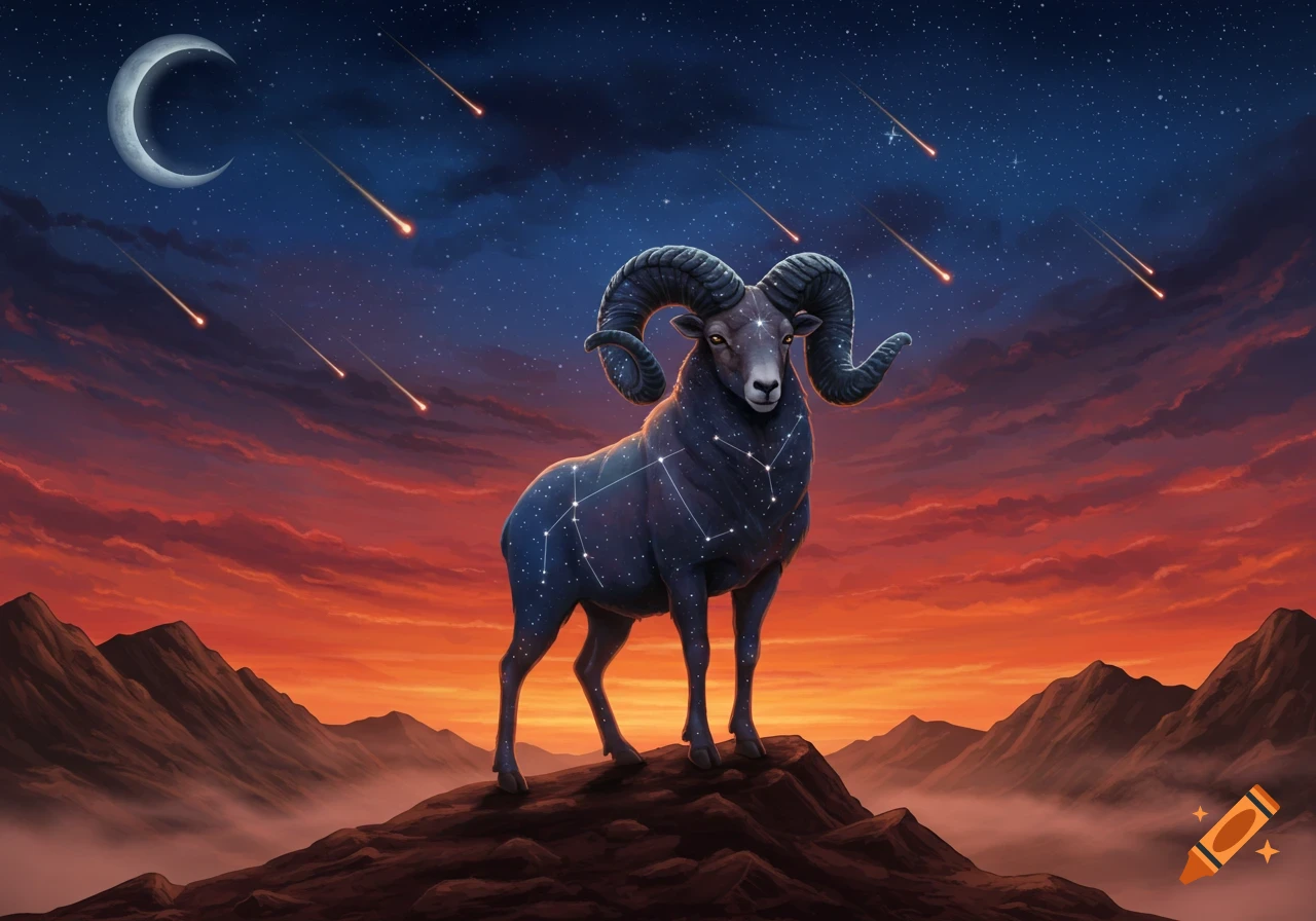 A celestial ram with constellations on its body stands on a mountain under a starry, moonlit sky with meteors and a fiery sunset.