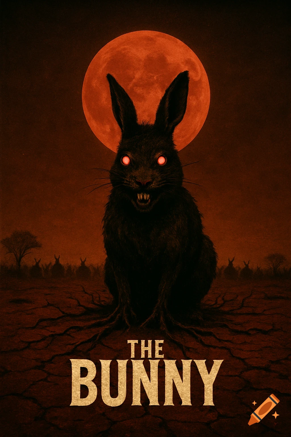 A dark horror movie poster shows a menacing black rabbit with glowing red eyes under a large red moon, with the title 'THE BUNNY'.