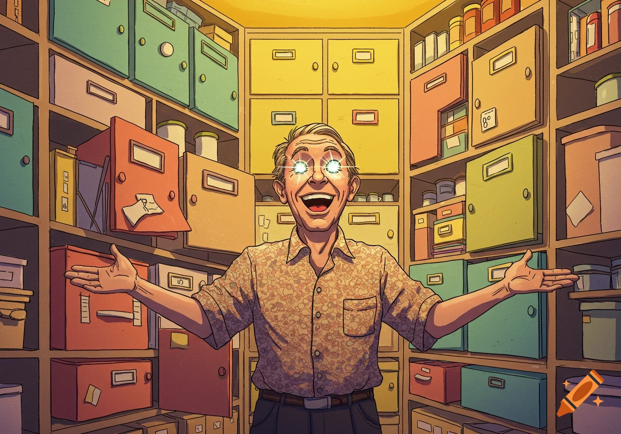 Cartoon illustration of an overjoyed man with glowing eyes in a room filled with colorful cabinets and files.