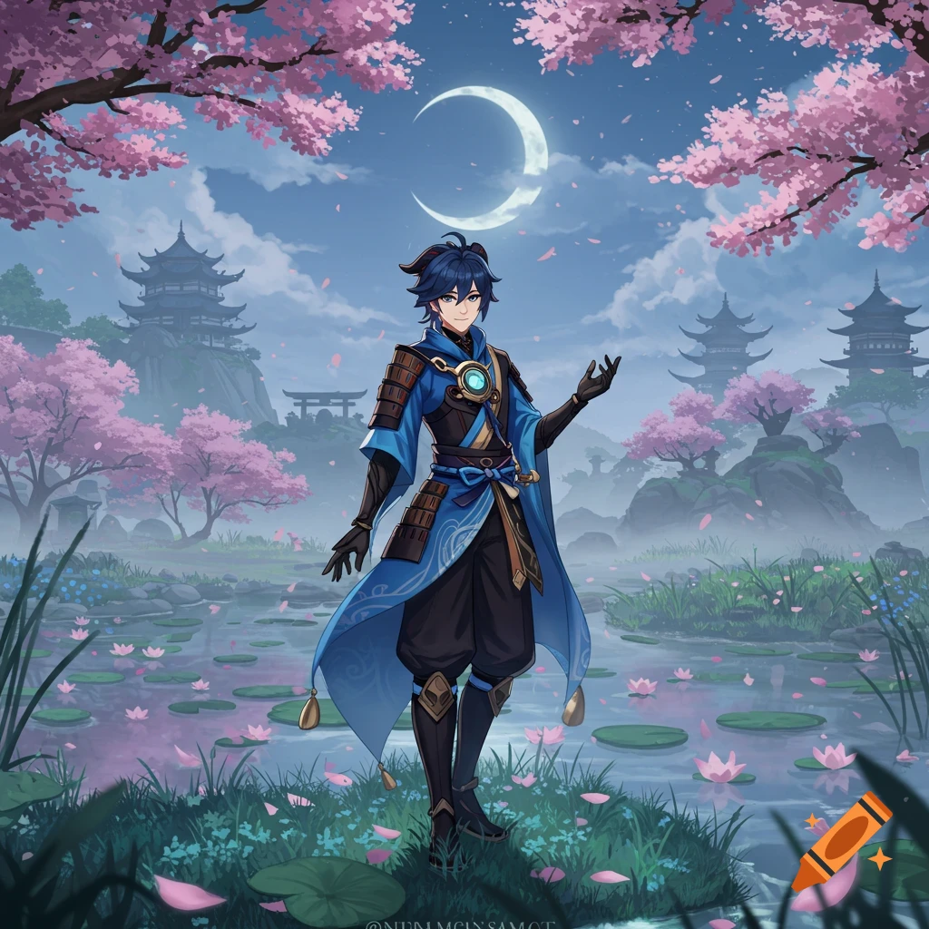 Anime character in blue and black traditional attire stands in a cherry blossom landscape with pagodas and a crescent moon.