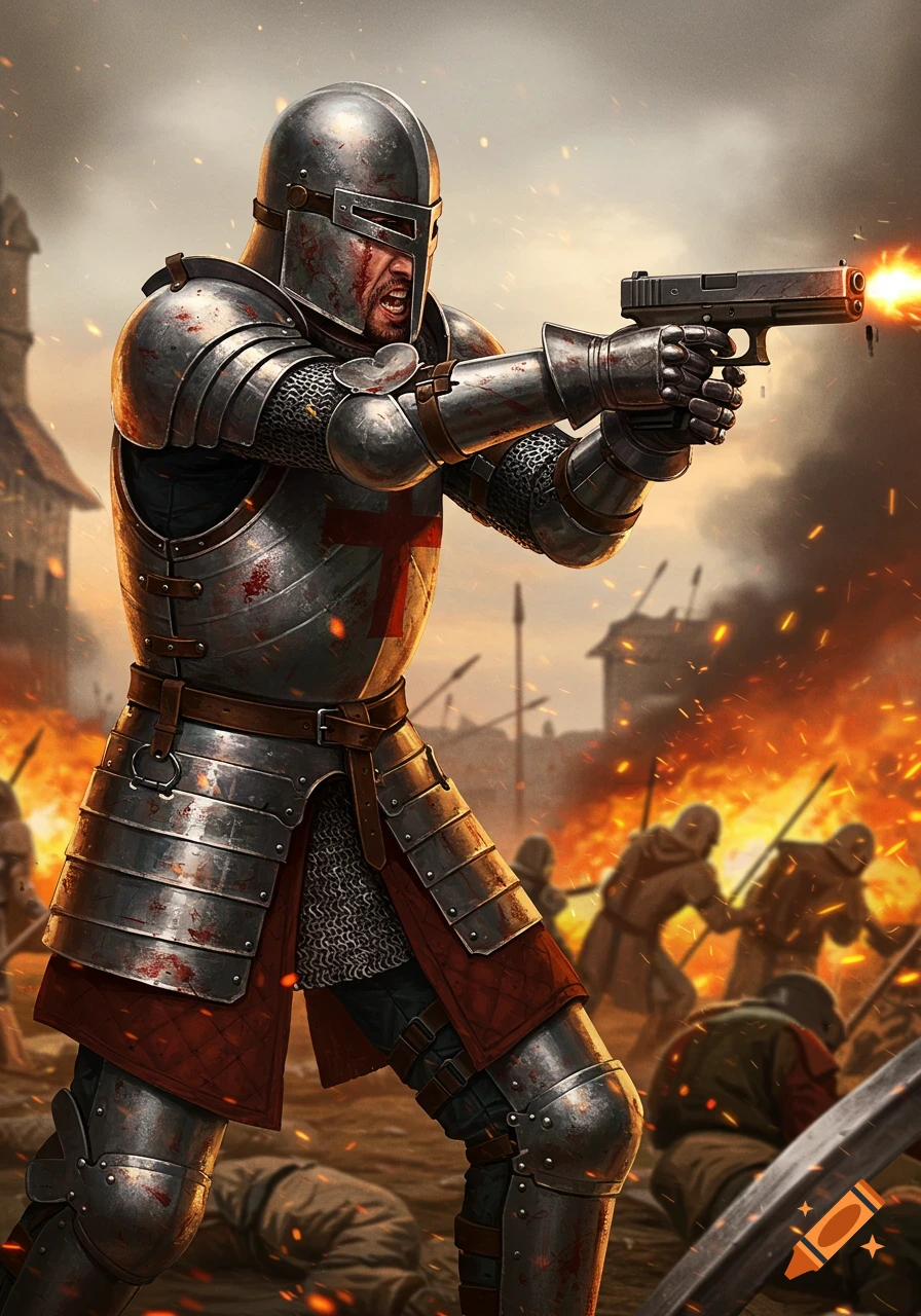 A medieval knight in full armor with a bloody face fires a modern handgun on a fiery battlefield with other figures in the background.