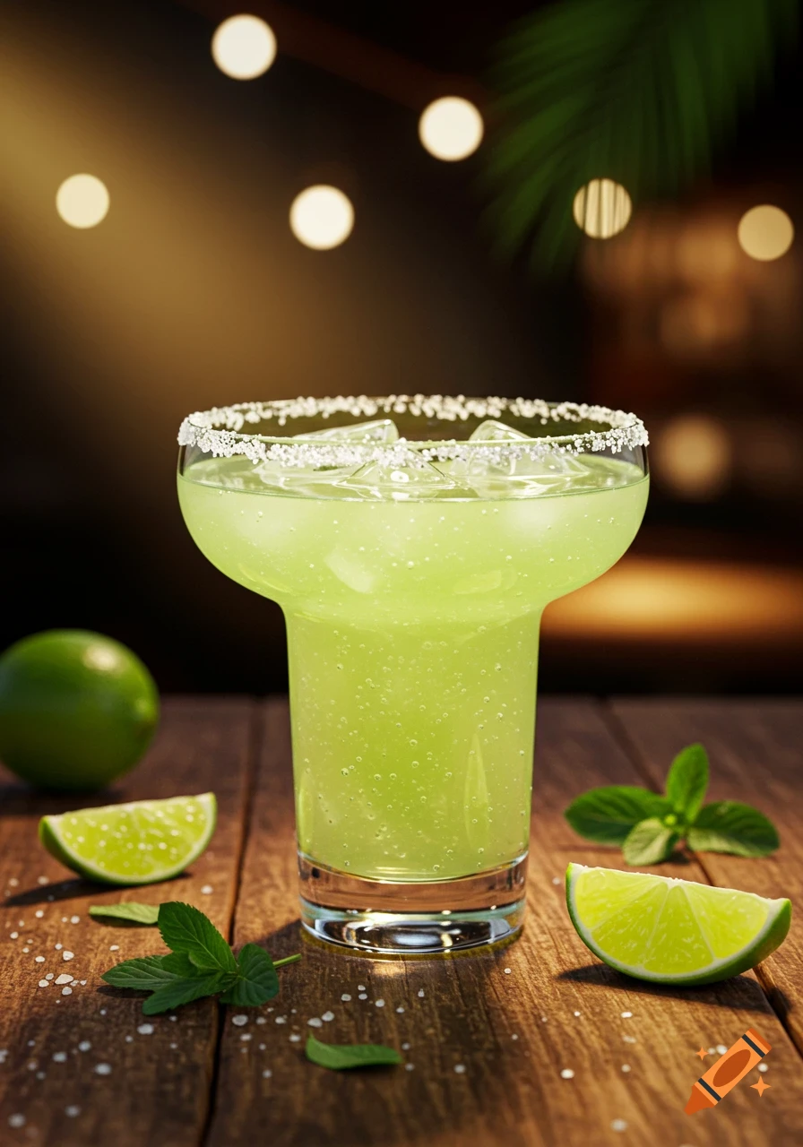 A photorealistic margarita cocktail in a salt-rimmed glass with ice, lime slices, and mint leaves on a wooden table with blurred lights in the background.