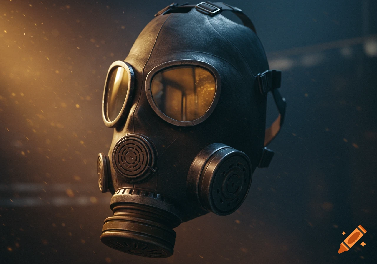 Close-up of a dark, worn gas mask with circular lenses, suspended in a dusty, dimly lit environment.