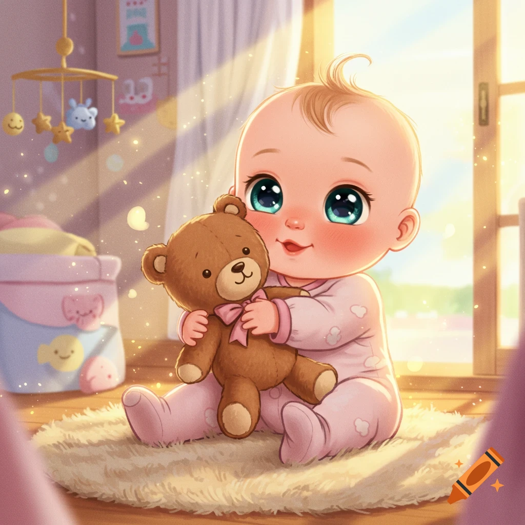A cute cartoon baby with big blue eyes holds a brown teddy bear in a sunlit nursery.