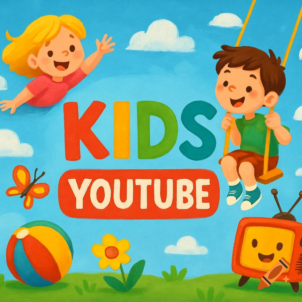 Colorful cartoon illustration of two children playing outdoors with text 'KIDS YOUTUBE', a ball, flower, and retro TV.