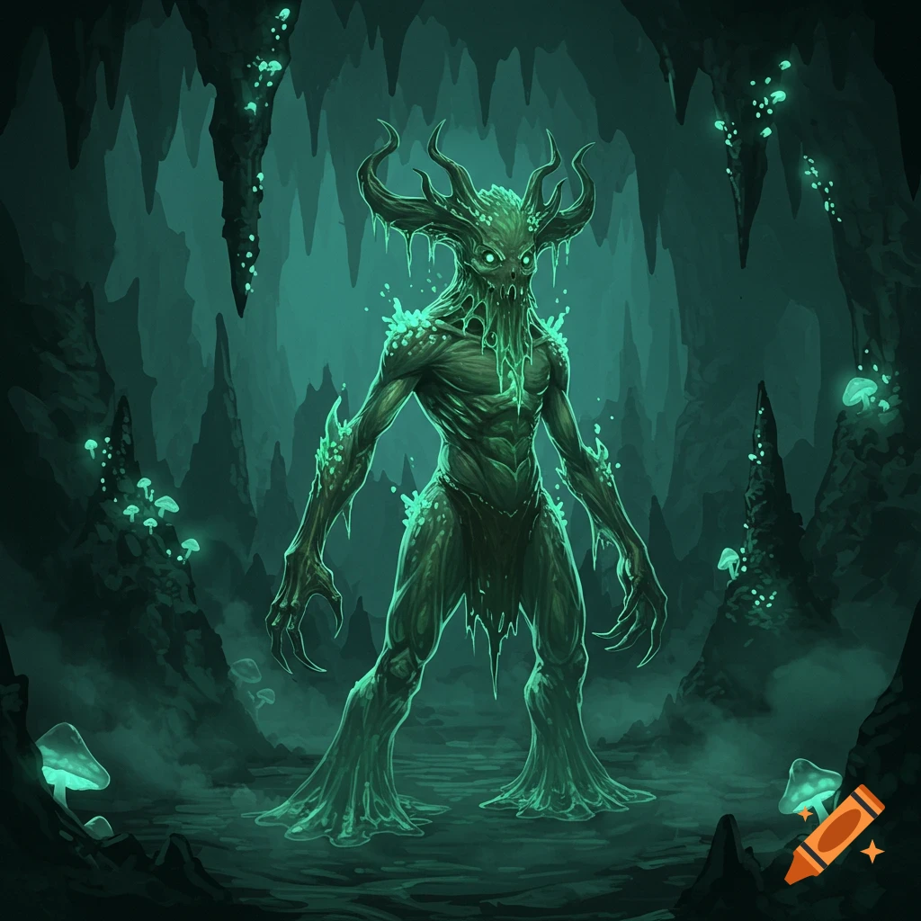 A glowing green, plant-like creature with horns and long claws stands in a dark, teal-lit cave with glowing mushrooms.