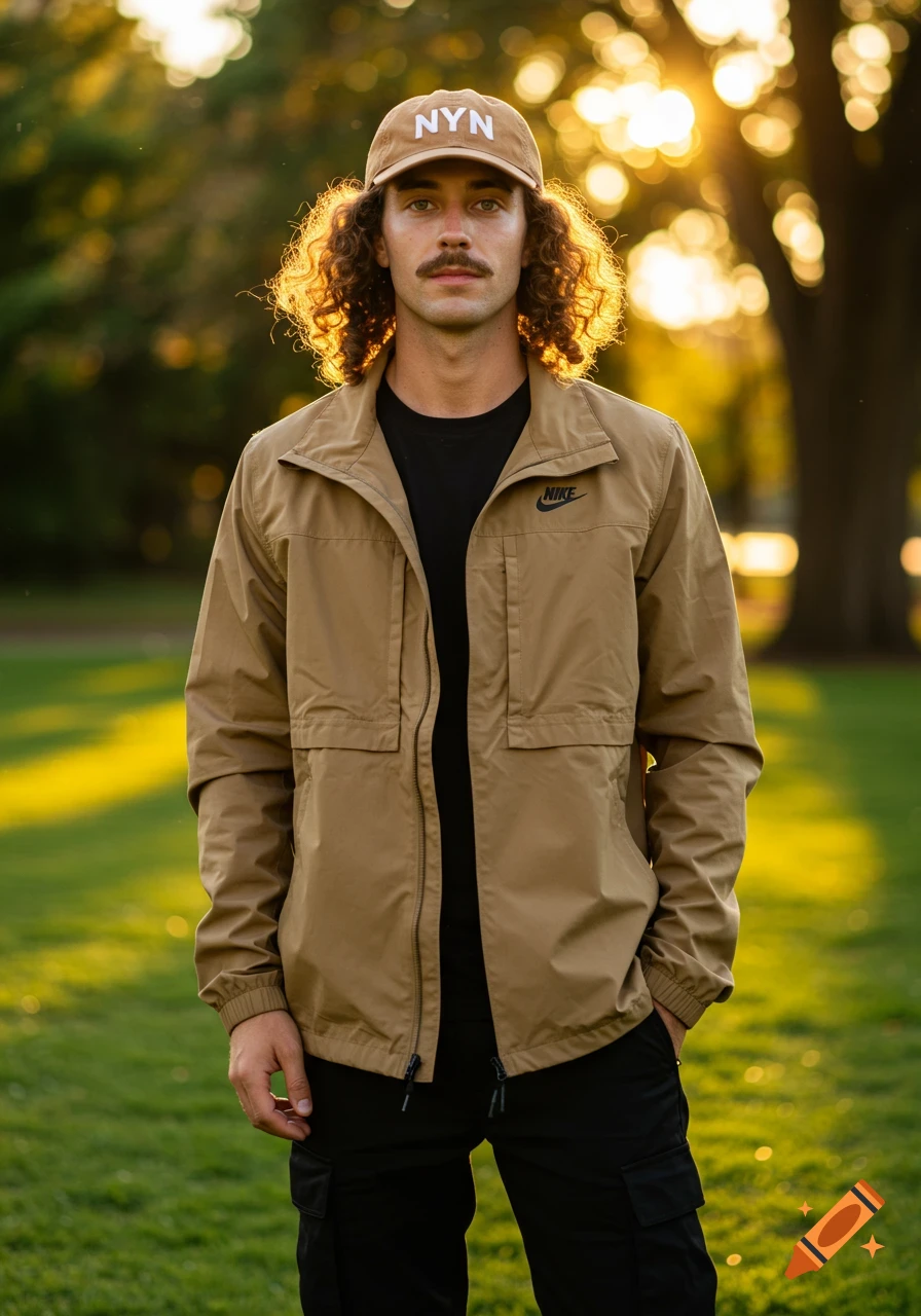 A man with curly brown hair and a mustache wearing a tan NYN hat, tan Nike jacket, black shirt, and black cargo pants, standing in an outdoor park during golden hour.