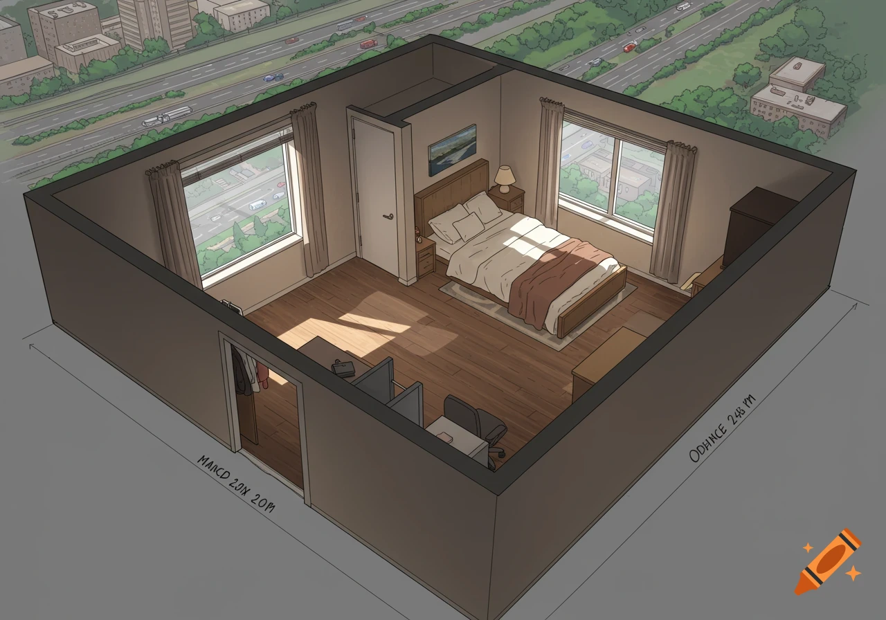 An isometric view of a rectangular room featuring a bedroom with a bed, a desk area, and a large window overlooking a highway and city.