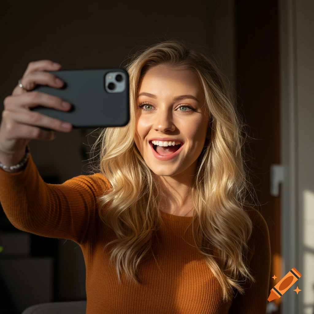 A smiling blonde woman in an orange top takes a selfie with her phone, bathed in warm sunlight.