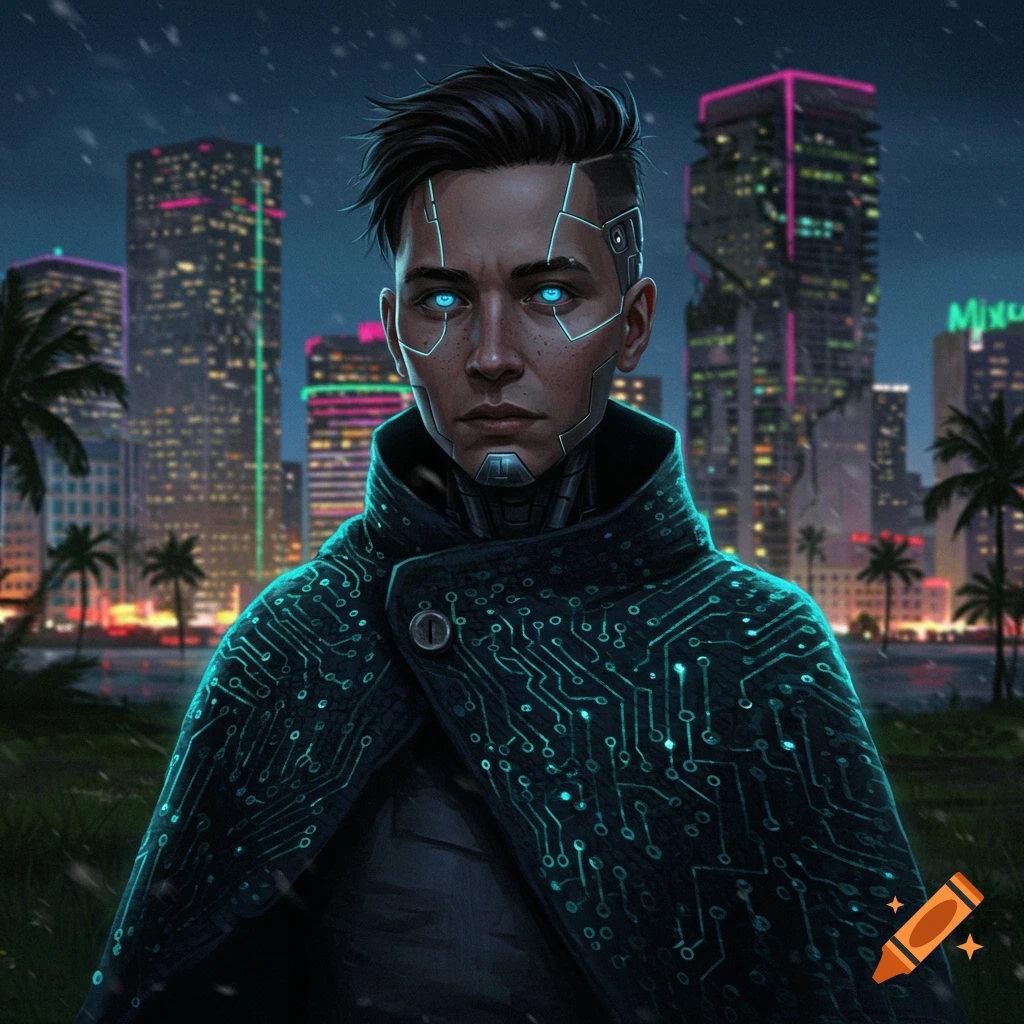 A male character with glowing blue eyes and metallic facial implants, wearing a circuit-patterned cloak, in a neon-lit cyberpunk city.