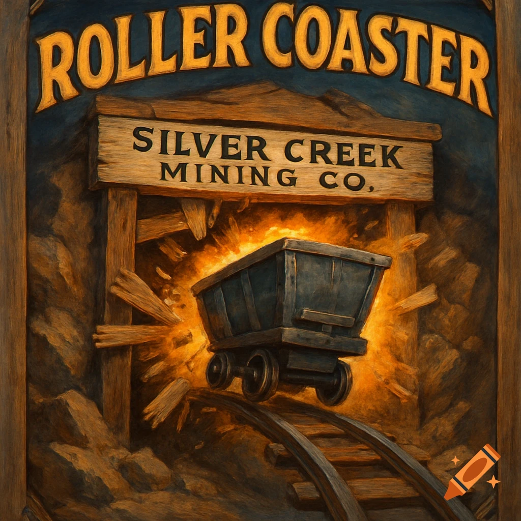 Vintage-style sign for 'Roller Coaster' and 'Silver Creek Mining Co.' showing a mine cart exploding through a wooden tunnel.