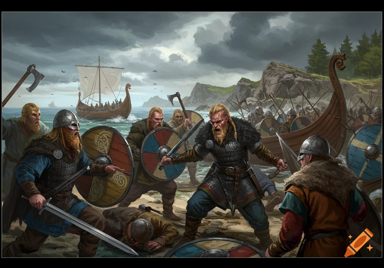 An epic illustration of a Viking battle on a stormy beach, with warriors charging, shields clashing, and longboats in the background.