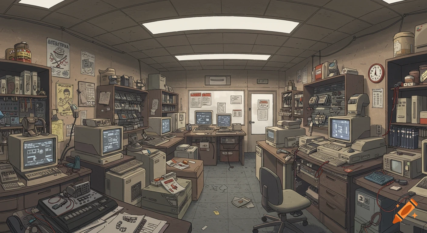 A cluttered computer repair shop from the late 1980s, filled with vintage computers and equipment, in a comic book art style.