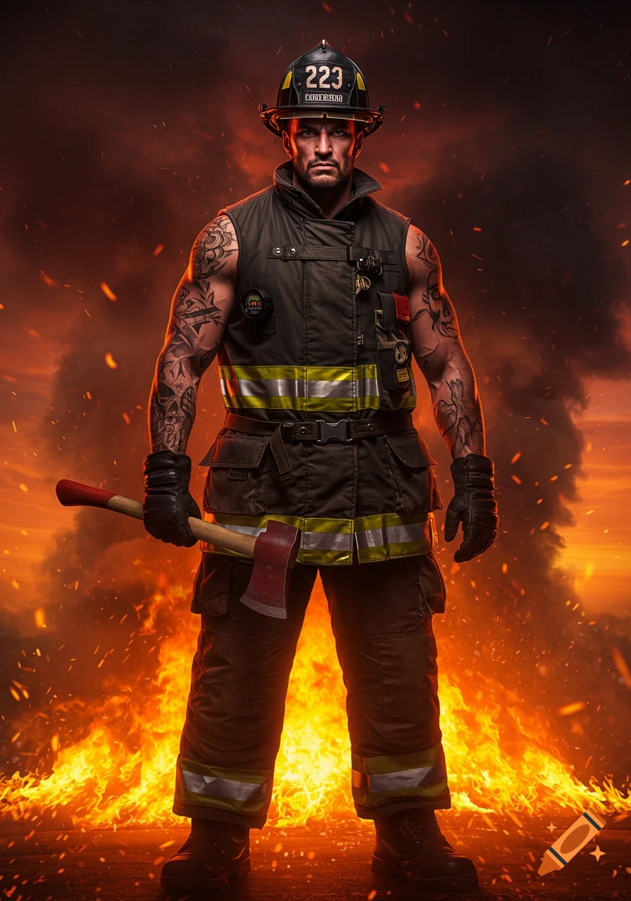 A muscular firefighter with tattoos stands dramatically against a backdrop of flames and smoke, holding an axe.
