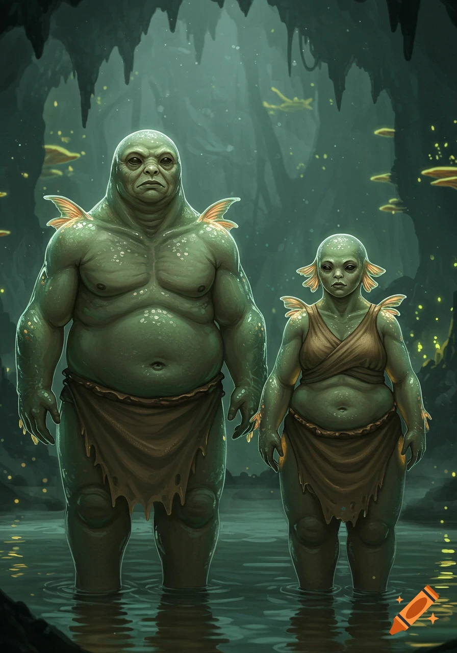 Two green, stout humanoid creatures stand in water in a mystical, glowing cavern.