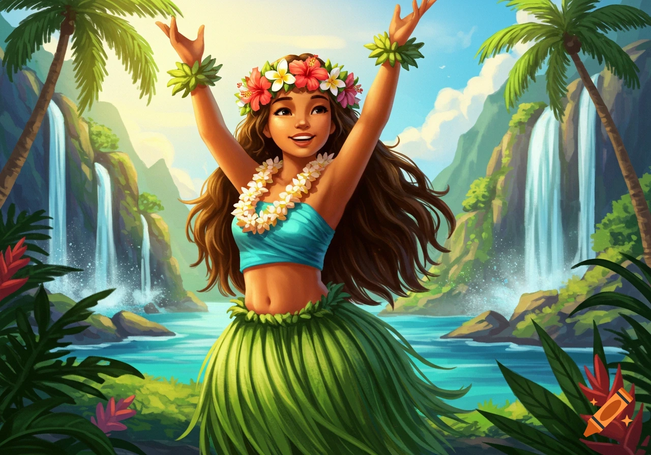 A smiling hula girl in a green grass skirt and blue top, wearing a lei and flower crown, stands with arms raised amidst tropical waterfalls and palm trees in an illustration.