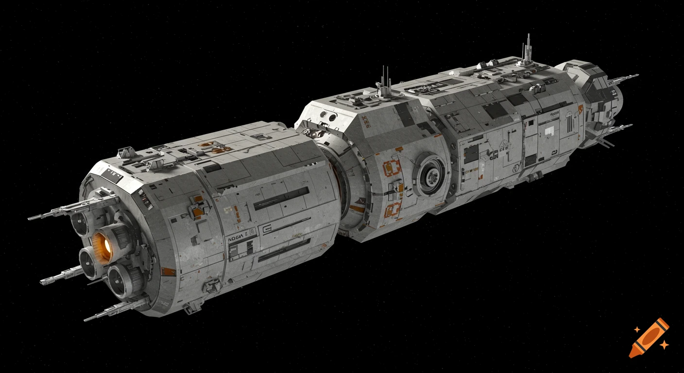 A realistic, detailed modular spacecraft with multiple thrusters floats in the vast darkness of space, illuminated by cinematic lighting.