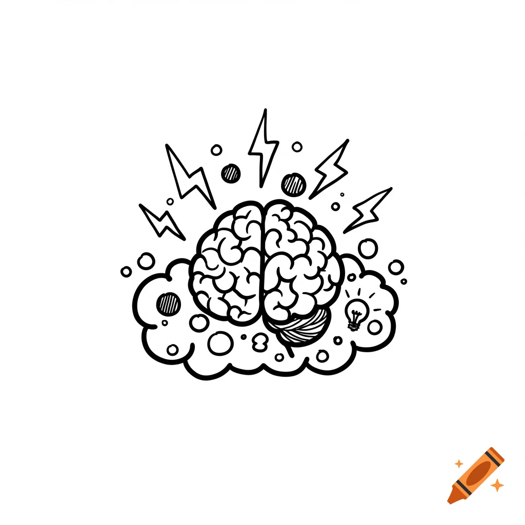 A black and white doodle of a brain in the center of a thought cloud, with lightning bolts and small circles around it, representing a brainstorm.