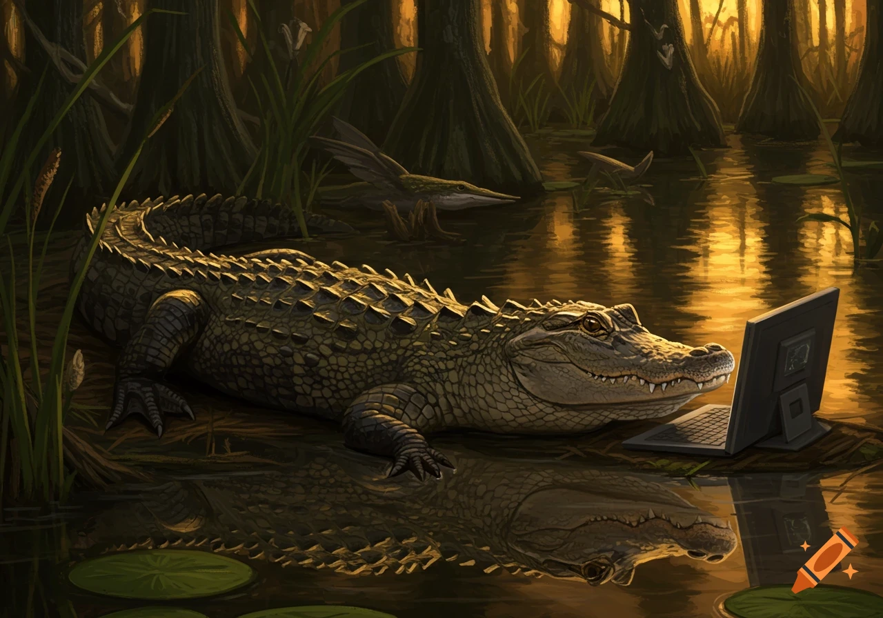 An alligator sits in a swamp, looking at a laptop computer on the water, with trees and lily pads in the background.