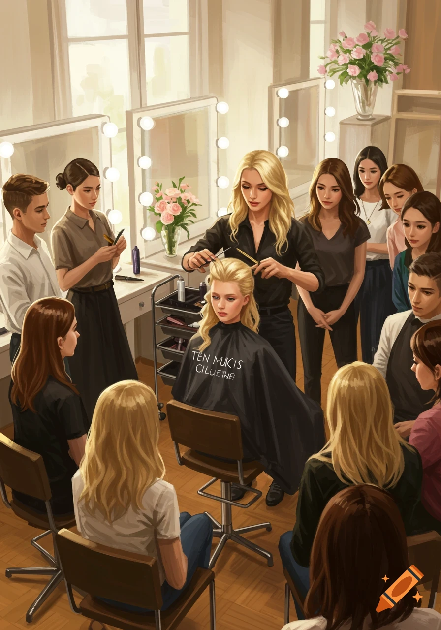 A hairstylist demonstrates on a blonde model in front of a class in a brightly lit salon, illustration.